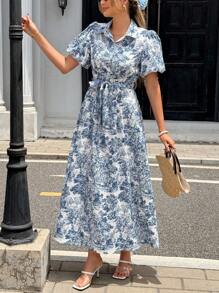 Pariaura Elegant French Style Turn-Down Collar Button Slim Fit Dress For Women - Multicolor - View 1