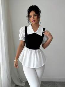 Elenzga 女士通勤装荷叶边下摆短袖上衣，撞色 - 黑與白 - 查看 5