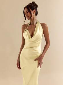 SHEIN BAE Spring/Summer Green Sexy Deep Draped Neck Metal Decor Open Back Extra Long Satin Mermaid Hem Dress, Bridesmaid Dress, Satin Dress, Sexy Dress,Butter Yellow Dress - Yellow - View 7