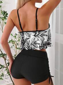 Swim Lushoire 2pcs Printed Random Spaghetti Strap Bikini Set, Handkerchief Hem Without Locking For Summer Beach Vacation - Black - View 2