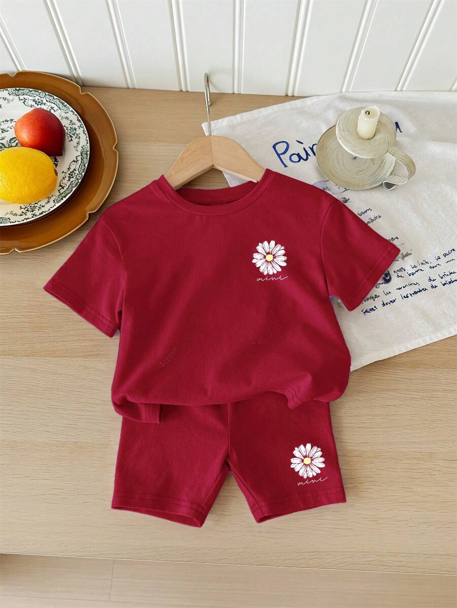 SHEIN Leap Crew Baby Girl Casual Minimalist Short Sleeve Shorts Set, Suitable For Summer - Burgundy - View 1