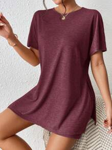 SHEIN Frenchy 2pcs/Set Women Solid Color Round Neck Short Sleeve T-Shirt & Shorts Christmas Thanks Giving Red Summer New Year Burgundy Casual Valentine's Day - Burgundy - View 3