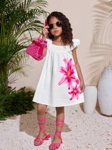Young Girls Cute Flower Print Ruffle Hem Loose A-Line Casual Vacation Home Outdoor Back To School Dress, Spring/Summer - Apricot - View 4