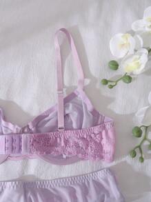 DelicateAllure 3pcs Set Romantic French Style Lace-Paneled 3/4 Cup Underwire Bra Lingerie Set, Purple - Lilac Purple - View 5