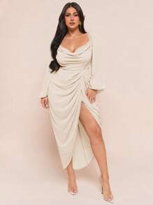 SHEIN BAE Đầm xòe tay dài đính sequin lấp lánh gợi cảm, cổ xếp ly, tay dài, màu xanh bạc hà, cỡ lớn dành cho nữ dự tiệc sang trọng - Màu be - Xem 6