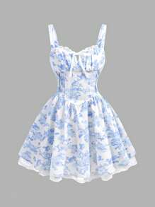 Tween Girls' Woven French Ditsy Floral Shirred Backless Crisscross Tie Waist A-Line Dress - Blue - View 7