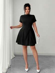 Elenzga Robe mini ajustée élégante à manches courtes en tricot vert avec poche décorée pour femmes de grande taille - Noir - Voir 5