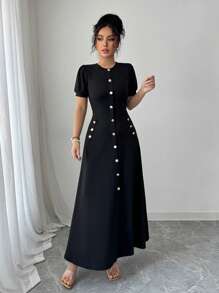 Elenzga Váy chữ A cổ tròn tay bồng cài nút giả - màu đen - Xem 5