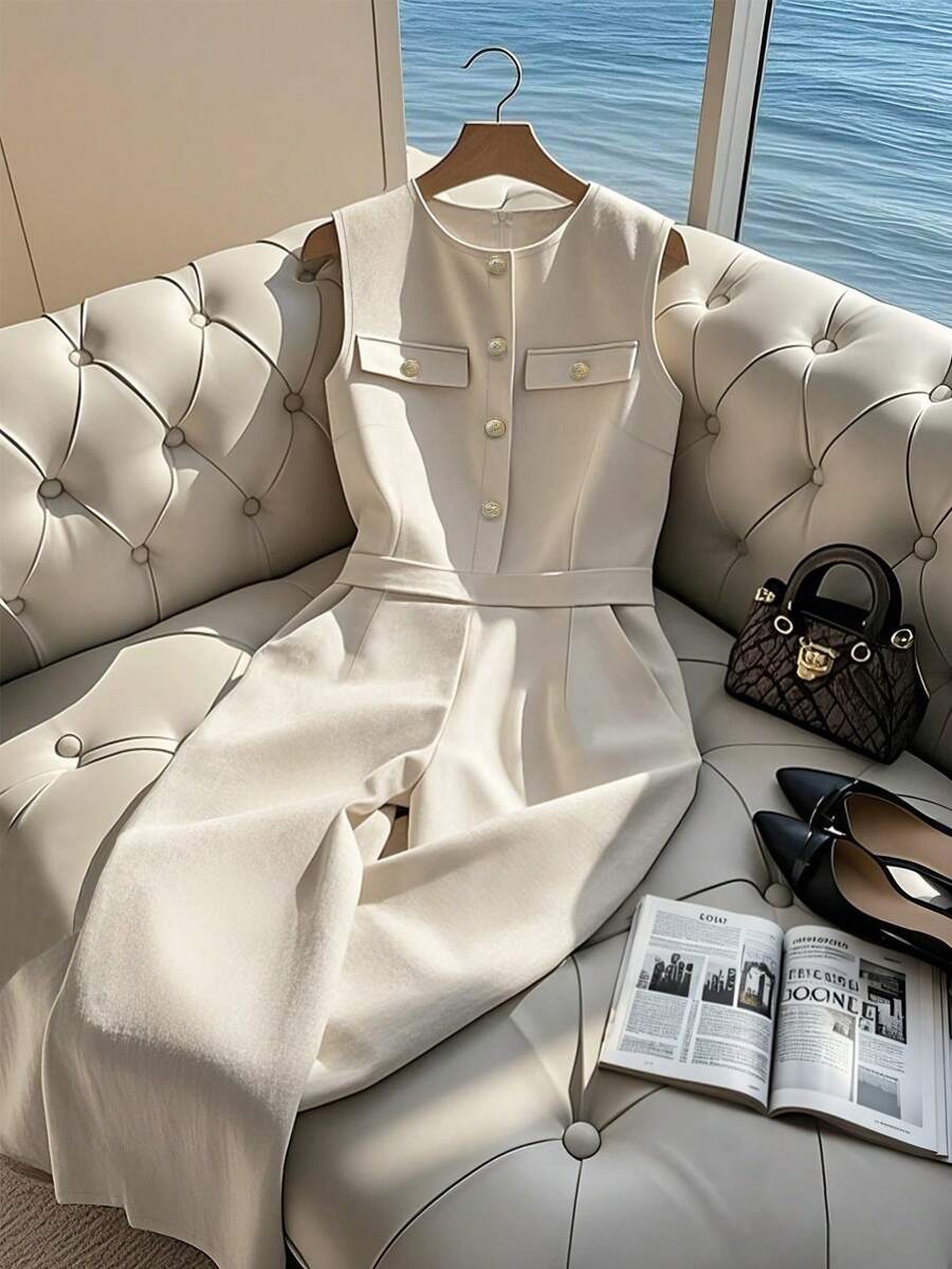 GlowEve Women's Elegant Sleeveless Jumpsuit With Decorative Pockets & Metal Buttons, Slim Fit Straight Leg, Spring/Summer