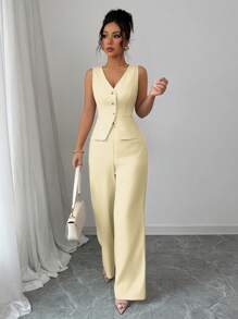 Selianne 女士优雅无袖西装背心和裤子套装，商务/办公室装，夏季 - 黃色 - 查看 5