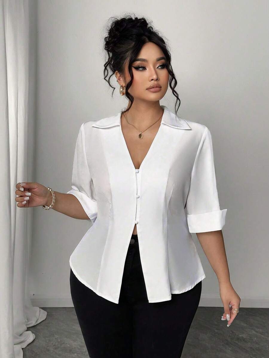 Elenzga Plus Size Soft Woven Fabric V-Neck Lapel Cardigan, Fitted Waist A-Line Hem, 3/4 Sleeves Cuff Turnup, Casual Commuter Shirt - White - View 1