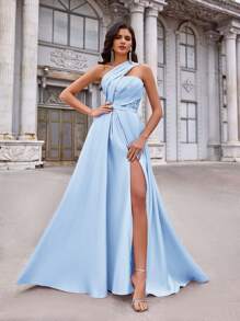 Aureia 优雅、浪漫、精致、性感缎面亮片拼接不对称领口、垂坠、高开衩、系带、生日派对、婚礼活动、正式礼服、晚会、婚礼宾客 - 淺藍色 - 查看 4