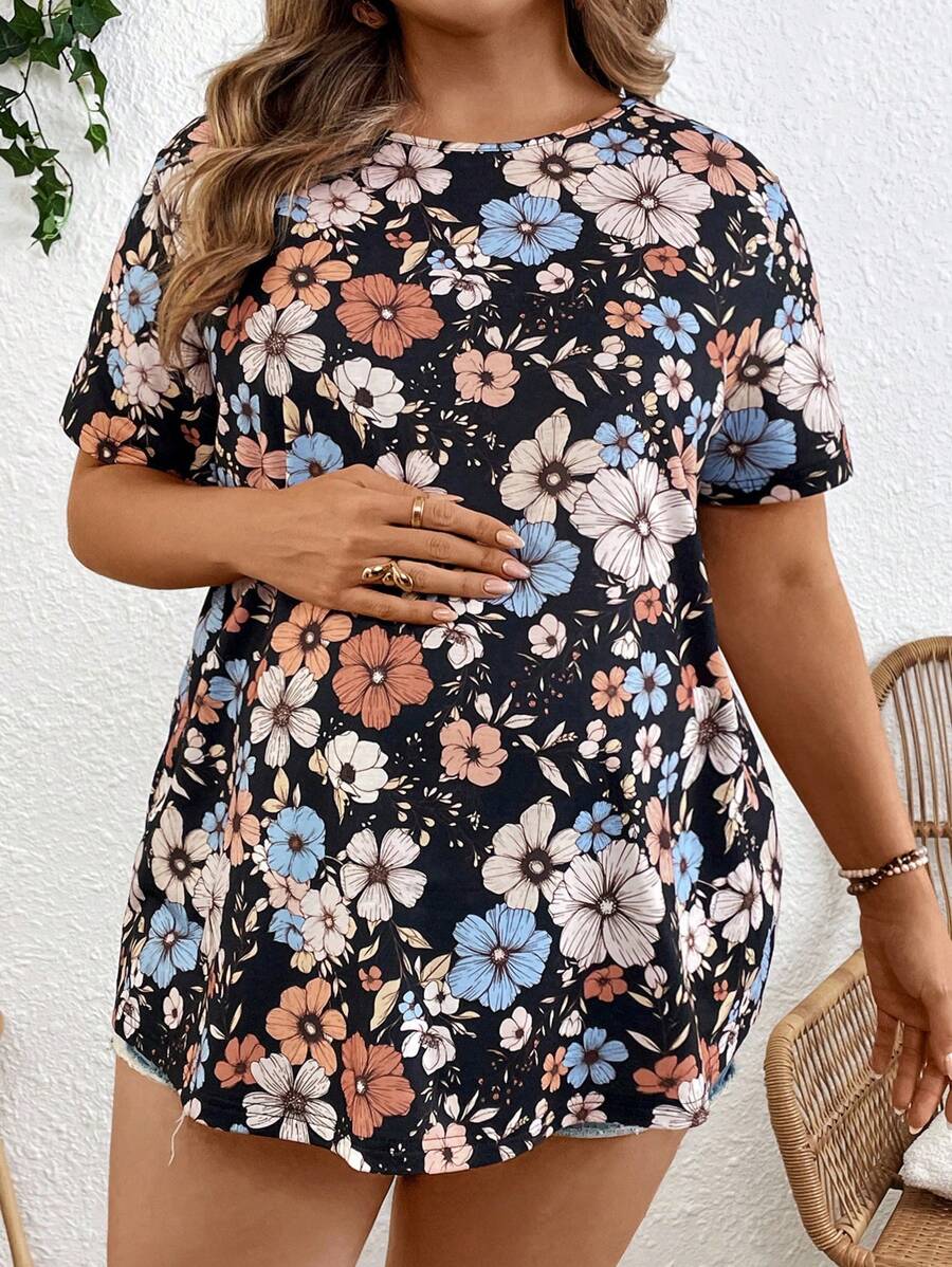 SHEIN Pregnant Women's Ditsy Floral Short Sleeve Casual Shirt For Vacation  Maternity Tops - Multicolor - View 1
