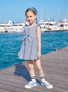SHEIN Leap Crew 青少女條紋蝴蝶袖腰帶連衣裙