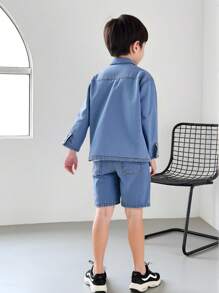 DENIMLY 男童休闲简约波西米亚风学院风莱赛尔 Cool Max 牛仔衬衫和短裤两件套，腰带抽绳，前部纽扣开合，柔软轻盈。