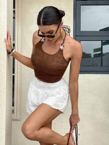SHEIN Essnce Celana Pendek Wanita Warna Polos, Cocok untuk Musim Panas - Putih - View 6