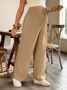 SHEIN Loose Wide-Leg Maternity Pants, Casual For Spring/Summer - Khaki - View 3