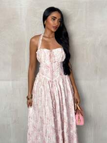 Glamine Váy Maxi in hoa lãng mạn cho nữ, không tay, cổ cao, xẻ eo, dáng chữ A, thích hợp mặc hàng ngày/đi nghỉ vào mùa xuân/hè - Hồng - Xem 4