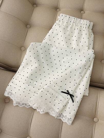 Franclia 女式简约波尔卡圆点撞色蕾丝蝴蝶结装饰阔腿裤