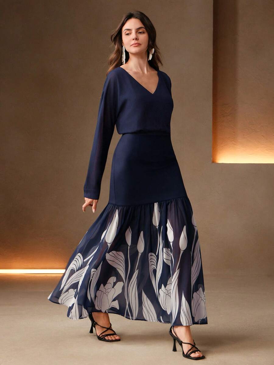 Anewsta Floral Print V-Neck Elegant Long Sleeve Ruffle Hem Dress - Navy Blue - View 1