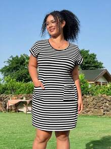 SHEIN EZwear Đầm ngắn thường ngày cổ tròn tay cánh dơi cỡ lớn cho nữ, mùa hè, túi kẻ sọc - Đen và trắng - Xem 5