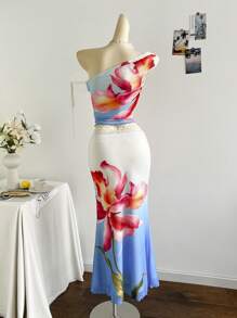 Soleia 两件套热带扎染花卉针织网纱露肩上衣和长裙套装，优雅波西米亚风，适合海滩婚礼、毕业典礼、复活节、音乐节、春夏度假等场合，女士连衣裙，生日装，女士夏季服装，女士休闲连衣裙 - 藍色 - 查看 2