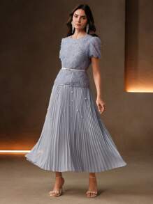 Anewsta Vestido largo elegante para mujer en azul empolvado con manga corta abullonada plisada, adornos florales, cintura ceñida, para invitada de boda, festival de verano y graduación - Azul - Ver 5