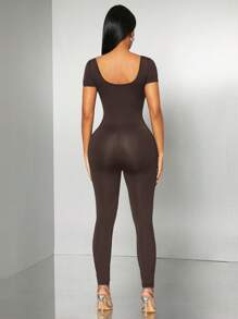 SHEIN SXY 春夏黑色纯色高弹针织性感休闲金属环镂空紧身长袖连体裤，露背设计连体裤，适合音乐节、日常外出/派对/俱乐部穿着 - 咖啡棕 - 查看 3