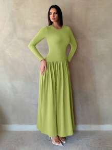 SHEIN Tall 女式纯色圆领长袖褶皱连衣裙 - 綠色 - 查看 3