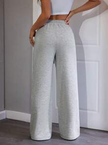 SHEIN PETITE 舒适休闲纯色针织阔腿女式运动裤 - 灰色 - 查看 2