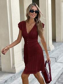 SHEIN Frenchy 女式纯色V领短袖夏装 - 酒紅色 - 查看 1