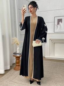 Women's Contrast Trim Butterfly Decor Long Sleeve Abaya, Modest Robe - Black - View 4