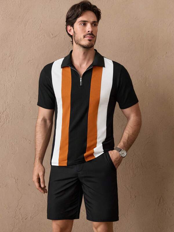 Manfinity NXTstreet 2 Stücke/Set Herren gestricktes modisches lässiges locker sitzendes Poloshirt mit Kurzarm & gerade geschnittene Shorts mit Gummibund