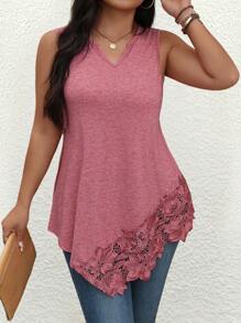 EMERY ROSE Áo ba lỗ cổ chữ V không tay viền ren không đối xứng cỡ lớn, dáng rộng thoải mái cho hoạt động ngoài trời/ngày lễ - Hồng - Xem 4