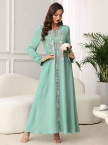 SHEIN Najma Women's Loose Comfortable Elegant Everyday Robe, Modest Kaftan - Green - View 3