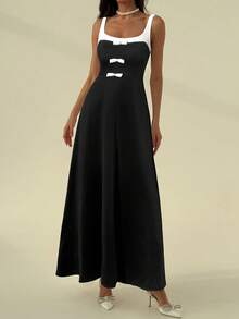 Aloruh Women's Elegant Color Contrast Bowknot Dress, Summer - Black - View 4