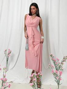 Aloruh Đầm dài cổ xếp nếp trơn thanh lịch cho nữ mùa hè - Hồng - Xem 3