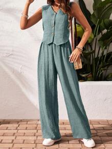 SHEIN Frenchy 2pcs/Set Women Solid Color Sleeveless Button Front Top And Long Pants Summer Casual