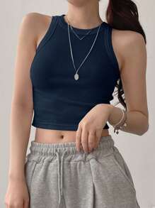 DAZY Áo thể thao không tay màu trơn cơ bản dành cho nữ, thời trang cho mùa hè Áo crop top nữ - Màu xanh hải quân - Xem 4