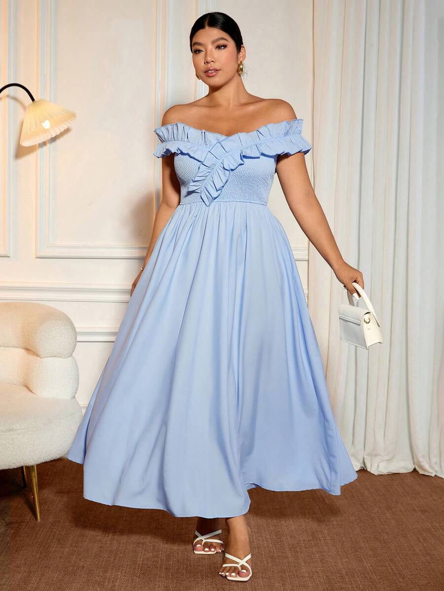 Cravure Plus Size Women Fashion Elegant Off Shoulder Ruffle Trim Midi Dress, Casual Romantic Retro Minimalist For Holiday, Valentine's Day, Evening Gown, Party, Graduation - Blue - View 1