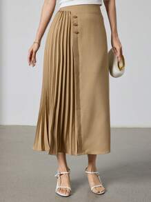 Modelyn 女士优雅褶皱拼布 A 字裙，夏季 - 卡其色 - 查看 6