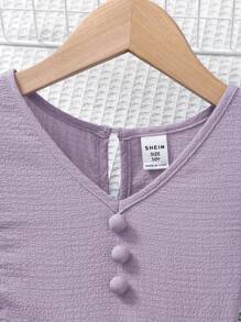 SHEIN Leap Crew Tween Girls Chiffon Ruffled V-Neck Blouse With Bowknot & Wide Leg Pants 2Pcs Casual Set, Countryside Style For Spring Outing, Garden Afternoon Tea - Mauve Purple - View 7