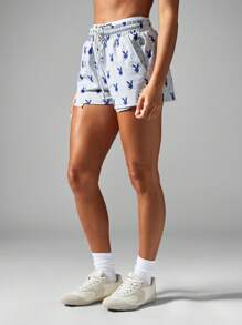 Missguided x Playboy 运动休闲慢跑短裤兔子印花图案抽绳松紧腰跑步休闲夏季运动服 - 灰色 - 查看 3