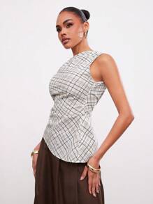 Hauture 夏季办公室不对称格子领带上衣