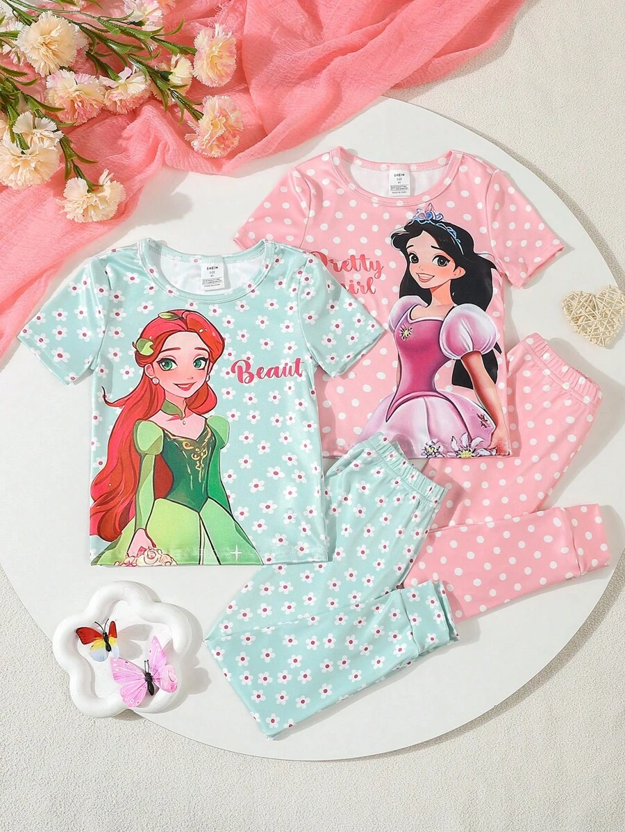SHEIN 4 件套少女柔软光滑波尔卡圆点和花朵公主紧身睡衣套装、短袖上衣和裤子 - 彩色 - 查看 1