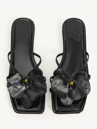 CUCCOO CHICEST Women's Black Iris Flower Multi-Strap Square Toe Flat Sandals, Elegant Romantic Casual Beach Vacation Flat Slippers For Summer