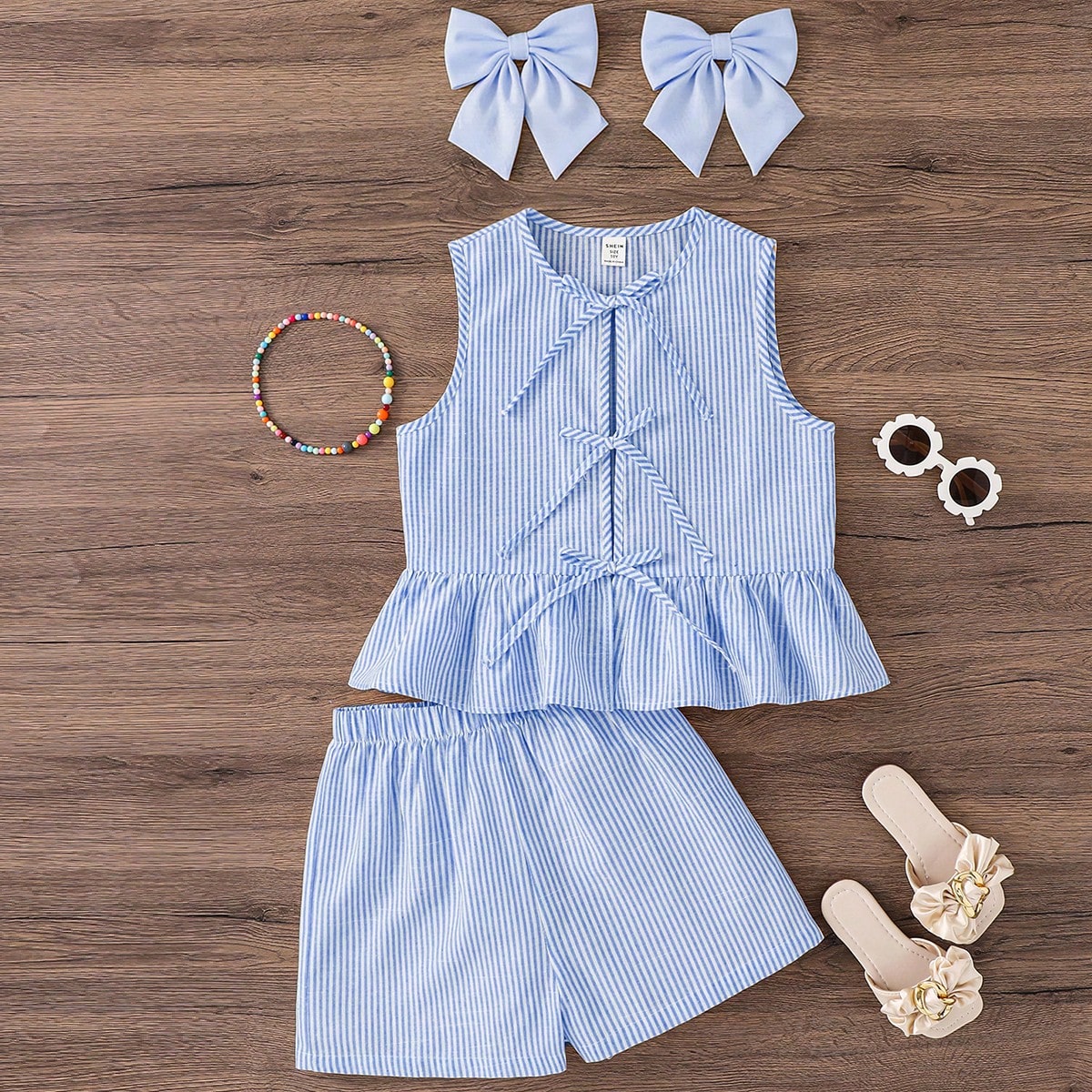 Conjunto informal de 2 piezas para niña preadolescente con blusa de cuello redondo de tela escocesa tejida y shorts tejidos