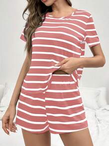 CoupledUp Set de 2 piezas de pijama informal de mujer a rayas rosa y blanco - shorts