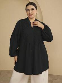 Graceveil Women Plus Size Stand Collar Embroidered Patchwork Textured Long Sleeve Casual Shirt Fall Cloth For Women - Black - View 1