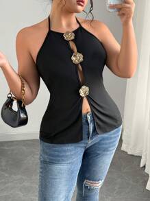 SHEIN CURVE+ Correa de sujección para mujer talla grande de estilo francés casual de vacaciones de verano con tirantes de espagueti, metal hueco y flor de camelia anudada